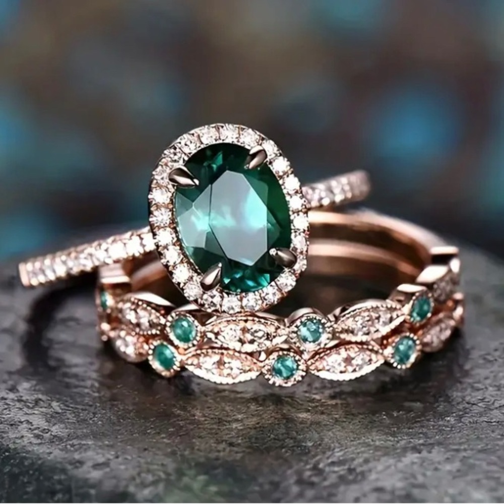 Vintage Emerald Gemstone Ring - 3 Pc Set - Picture 11 of 11